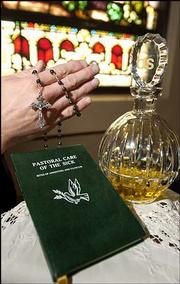 The Roman Catholic sacrament of the anointing of the sick uses a
special oil that has been blessed by the bishop. The sacrament is
for those who are seriously ill but not necessarily in their dying
moments.
