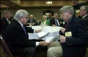 Carl Bernstein, left, a reporter who helped break the Watergate
story, talks with Bill Snead, Journal-World senior editor, before
Bernstein's speech Friday to the Kansas Press Assn. at the Lawrence
Holidome. Snead, a longtime colleague of Bernstein's at The
Washington Post, introduced Bernstein to a crowd of Kansas
publishers, editors and reporters.