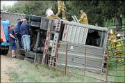 A semitrailer carrying 40 cattle rolled over Wednesday morning on
U.S. Highway 56 near Baldwin Junction, sending the driver to the
hospital and killing 13 of the animals. It took the Kansas Highway
Patrol nearly nine hours to remove the cows from the trailer and
clear the scene, dispatchers said. The wreck happened at 5:47 a.m.
just west of Baldwin Junction when the driver, identified as
23-year-old Brandon C. King of Cannon Falls, Minn., left the road
for an unknown reason and went into a ditch. He was flown by air
ambulance to University of Kansas Hospital, Kansas City, Kan.,
according to a police report. His condition was not available
Wednesday evening.