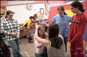 From left, West Junior High School students Allie Skarka, Geoffrey
LaForce, Taylor Fulton, Clara Kundin, Laura Drees and Tess Murray
work at problem-solving a presentation they will perform as a team
at the Odyssey of the Mind competition May 21-25 in Boulder, Colo.
The seven students on the team all have 4.0 grade-point averages
and are active in drama and music. They will participate in a
competition that will include teams from 20 countries. Team member
Evan Taylor is not pictured.