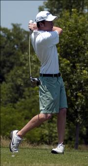 Nathan Melin, of Olathe, tees off at the KGA Junior Amateur Championship. Melin played Wednesday at Eagle Bend.