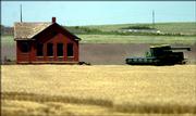 Jim Lee runs his combine near an abandoned school house on the Lincoln-Ottawa County line June 18 near Tescott.