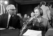 Supreme Court Judge Sandra Day O'Connor, right, and Sen. Barry Goldwater, R-Ariz., talk prior to the start of her confirmation hearings before the Senate Judiciary Committee on Capitol Hill, Sept. 9, 1981. O'Connor, the first woman appointed to the Supreme Court, said Friday she is retiring.