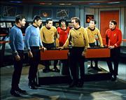 In this undated photo released by Paramount Pictures, James Doohan, far right, who played Scotty in the original "Star Trek" television series and movies is seen. Doohan died Wednesday at age 85. Cast members from left are DeForest Kelley, Leonard Nimoy, Walter Koenig, Nichelle Nichols, William Shatner, George Takei and Doohan.