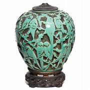 This 24-inch-high lamp base showing green lovebirds is unmarked, but it was probably made by the Muncie Pottery Co. of Muncie, Ind. It sold for $431 at a Treadway Gallery auction.