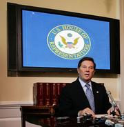 House Majority Leader Tom DeLay, R-Texas, makes a statement in his office on Capitol Hill. A Texas grand jury on Wednesday charged DeLay and two political associates with conspiracy in a campaign finance scheme, forcing the House majority leader to temporarily relinquish his post.