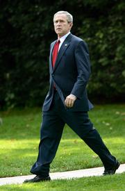 President Bush leaves the White House on Friday for Camp David. Bush says he&squot;s saddened by the indictment of I. Lewis "Scooter" Libby, who resigned as Vice Presi-dent Dick Cheney&squot;s chief of staff.