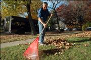 Joe Patterson, Lawrence, rakes leaves in front of his mother-in-law's rental house at 612 W. Seventh St. Old West Lawrence is a good example of a neighborhood with destination sidewalks, a key ingredient in New Urbanism.