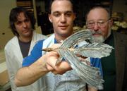 Kansas University graduate student Robert Elder holds a model of a longisquama, a feathered reptile that may predate dinosaurs. David Burnham, left, and Larry Martin, curator of vertebrate paleontology, look on. The model is part of a future display about the birth of flight.