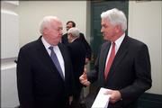 U.S. Chamber of Commerce president Thomas Donohue, right, urges businesses to stop posting quarterly earnings reports. He says such predictions can undermine a company's ability. Above, he is pictured with AFLl-CIO President John Sweeney.