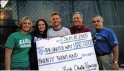 Representatives of Rock Chalk Revue 2005 present a check for $20,000 to the United Way during the Sept. 10 Kansas University football game in Memorial Stadium. From left are Sally Roberts, Nicole Kansier and Jeff Ruane, Rock Chalk representatives; Tim Van Leer, chairman of the KU United Way Committee; and Fred Rodriguez, United Way board president.