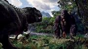Kong comes to the defense of Ann Darrow (Naomi Watts), threatened by a marauding T. rex in the jungles of Skull Island. "King Kong," Triple Academy Award-winner Peter Jackson&squot;s follow-up to his "Lord of the Rings" trilogy, opens today in Lawrence.