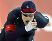 The United States' Chad Hedrick competes in the 5,000-meter speedskating. Hedrick claimed the gold medal Saturday in Turin, Italy.