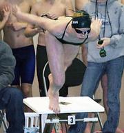 Aquahawk Stacey Rudman dives off the block to begin the 100 freestyle race Saturday in which she had the early lead.