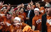 ESPN basketball guru Dick Vitale hams it up for the cameras with the Longhorn student section prior to the start of Saturday night's game against Kansas at the Frank Erwin Center in Austin. ESPN College Gameday is being broadcast from UT.