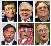 Topping the Forbes list of 400 Richest Americans are Bill Gates, top left, in the first position; Warren Buffett, top center, in the second spot, Paul Allen, top right, in sixth position, Lakshmi Mittal, bottom left, in the fifth position; Prince Alwaleed, bottom center, in the eighth position, and Ingvar Kamprad in the fourth spot.