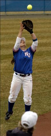 KU's short stop Destiny Frankenstein, pulls down a fly ball in the first inning of play against the University of Minnesota, Friday afternoon as part of the 2006 Jayhawk Classic.