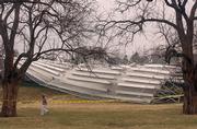 The bleachers at Jayhawk Soccer Complex lie upended after Sunday morning's storms hit Lawrence and the Kansas University campus.