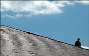 A KU employee views damaged tiles on the roof of Stauffer-Flint Hall on the KU campus. Because of the threat of damaged tiles falling off the roof classes were cancelled Monday.