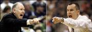 George Mason basketball coach Jim Larranaga, left, gestures during a game against Connecticut in Washington, in a March 26, 2006 photo. Florida coach Billy Donovan , right, gestures during a game against Wisconsin-Milwaukee in Jacksonville, Fla., in a March 18, 2006 photo. George Mason and Florida face off in the college basketball national semifinals at the Final Four on Saturday April 1 in Indianapolis.