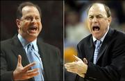 LSU head coach John Brady, left, yells to players during a game against Alabama in Tuscaloosa, Ala., in a Feb. 4, 2006 photo. UCLA head coach Ben Howland, right, yells to players during a game against Memphis in Oakland, Calif., in a March 25, 2006 photo. LSU and UCLA play in the college basketball national semifinals at the Final Four on Saturday April 1 in Indianapolis.