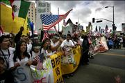 Protesting students from across California march towards city hall in Los Angeles, Saturday, April 15, 2006. The march is dedicated to 14-year-old Anthony Soltero. Soltero committed suicide after allegedly being threaten by a school official for participating in immigration protests.