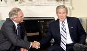 After submitting his resignation Friday, CIA Director Porter Goss, left, met with President Bush in the Oval Office. Air Force Gen. Michael Hayden, top deputy to National Intelligence Director John Negroponte, is the leading candidate to replace Goss, a senior administration official said