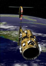 This artist rendering released by NASA shows the Demonstration for Autonomous Rendezvous (DART) spacecraft, foreground, as it might appear as it approaches a communications satellite in orbit above Earth. The NASA spacecraft designed to autonomously carry out a series of tasks crashed into its target after using too much fuel halfway through its mission, according to a report summary released Monday, May 15, 2006. Investigators blamed the collision on faulty navigational data that caused the DART spacecraft to believe that it was backing away from its target when it was actually bearing down on it.