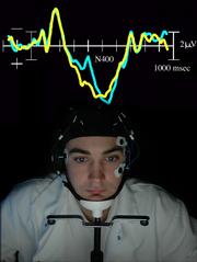 Austin Fitts wears specially designed head gear that records how he reacts to certain words. A psychological study at Kansas University is looking at how people with depression process words differently from people without depression. KU psychologists hope to use their findings to better identify those at risk for depression. Their research is the subject of a three-year, $650,000 grant from the National Institute of Mental Health.