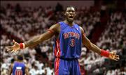 Detroit Pistons' Ben Wallace argues a call against him. Wallace managed just two points in Game 3 of the Eastern Conference finals, and the Miami Heat prevailed, 98-83.