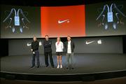 From left are Apple CEO Steve Jobs; Nike CEO Mark Parker; Paula Radcliffe, marathon world record holder; and Lance Armstrong, seven-time Tour de France winner. They attended a news conference in New York where Nike and Apple introduced the Nike Air Zoom Moire, the first footwear designed to talk to Apple's iPod nano, providing an ability to combine data and music for workouts.