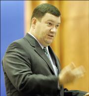 Kansas University law professor Stephen McAllister argues for the state Thursday during a school finance case before the Kansas Supreme Court in Topeka. He was made a special assistant to the attorney general for the day.