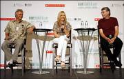Authors, from left, John Irving, J.K. Rowling and Stephen King take questions from the media during a news conference in New York. The authors are appearing together this week to read from their books as a fundraiser for Doctors Without Borders and The Haven Foundation.