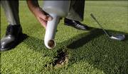 Golfers are encouraged to use sand to replace divot marks on the greens. Alvamar keeps a bottle of sand for this purpose at their par-3 holes.