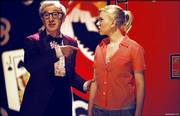 Woody Allen, left, plays a magician and Scarlett Johansson stars as a college journalist who team up to investigate the identity of a London serial killer in "Scoop."