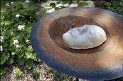 Throughout their garden, Lori and Dave Kennicott have incorporated pieces of Dave's artwork within everyday garden entities, such as this birdbath, which contains a facial mold.