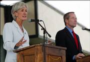Kansas Gov. Kathleen Sebelius speaks during a debate with her challenger, State Sen. Jim Barnett, R-Emporia, at Farm Bureau Arena on the Kansas State Fairgrounds in Hutchinson. Saturday's gubernatorial debate was the first of four planned before the Nov. 7 election.