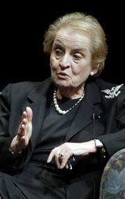 Former Secretary of State Madeleine Albright speaks as part of the Dole Lecture Series Wednesday evening at the Lied Center. The two offered opposing views on U.S. involvement in the Iraq war.