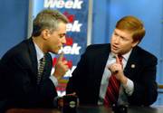 Rep. Rahm Emanuel, D-Ill., left, and Rep. Adam Putnam, R-Fla., right, appear for an interview with George Stephanopolous on ABC&squot;s "This Week." The scandal involving former Rep. Mark Foley, R-Fla., was a hot topic on the Sunday morning news shows.