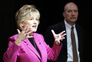 Carla Stovall Steckline, left, explains why she is endorsing the Democratic candidate for attorney general, Paul Morrison, right. Steckline, a Republican and former attorney general, backed Morrison instead of incumbent Phill Kline, a fellow Republican.
