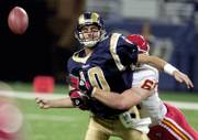 Kansas City's Jared Allen sacks St. Louis quarterback Marc Bulger and forces a fumble. The Chiefs scored 17 first-half points off turnovers in their 31-17 victory against the Rams on Sunday in St. Louis.
