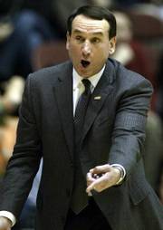 Duke coach Mike Krzyzewski reacts to a foul call. Duke defeated Air Force, 71-56, Monday in Kansas City, Mo., in a semifinal of the CBE Classic.