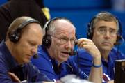 Bob Davis, center, calls the action during Kansas University's basketball game with Washburn. He's flanked by Chris Piper, left, and producer-engineer Bob Newton.