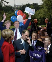 Among the top kansas newsmakers in 2006 were, clockwise from bottom center, Attorney General Phill Kline, shown with his wife, Deborah; U.S. Rep.-elect Nancy Boyda, shown with her husband, Steve; former State Board of Education Commissioner Bob Corkins, shown talking to board attorney Dan Biles, with an unidentified man seated behind them; and Kansas State University President Jon Wefald, presenting a jersey to new basketball coach Bob Huggins. In the background are power lines that transmit electricity; Sunflower Electric Power Corp. has proposed building three new coal-fired plants in western Kansas, near Holcomb.