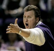 Kansas State coach Bob Huggins yells instructions to his players during their Jan. 27 victory against Nebraska in Manhattan. The Wildcats have won seven straight heading into tonight's game in Allen Fieldhouse.