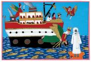 A reverse-glass painting by Mor Gueye shows Amadou Bamba praying on the waters during his exile, which is considered one of his defining miracles. The painting is one of the exhibits in "A Saint in the City: Sufi Arts of Urban Senegal," which opens tonight at the Spencer Museum of Art at Kansas University.