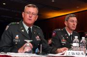 Lt. Gen. Kevin Kiley, Army surgeon general, left, and Major Gen. George Weightman testify before a House Oversight and Government Reform subcommittee hearing in Washington. Weightman, who was fired as chief of the army hospital last week, apologized to soldiers who have not received the care they expected from the hospital.