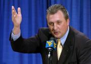 Bob Huggins addresses the media during his introductory news conference. Huggins, who coached Kansas State last season, formally was introduced at his alma mater West Virginia on Friday.