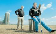 Kansas University professor of ecology Chip Taylor, left, and Lawrence crop artist Stan Herd plan to collaborate on an earthwork of a butterfly at Pendleton's Country Market.