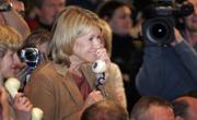 U.S. lifestyle guru Martha Stewart speaks during the video linkup with the International Space Station after the docking of Soyuz TMA10 space capsule in the Russian Mission Control at Korolyov, Russia. A Soyuz space capsule carrying two Russians, an American and an out-of-this-world dinner successfully docked with the international space station early today, about 50 hours after it took off from Russia's manned launch facility at Baikonur, Kazakhstan.